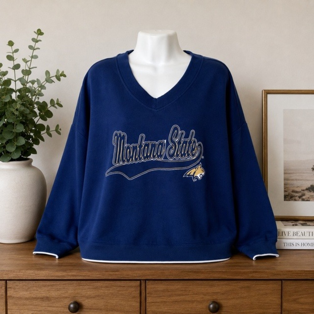 Montana State Bobcats Women's XL V Neck‎ Sweatshirt Navy NWT Embroidered